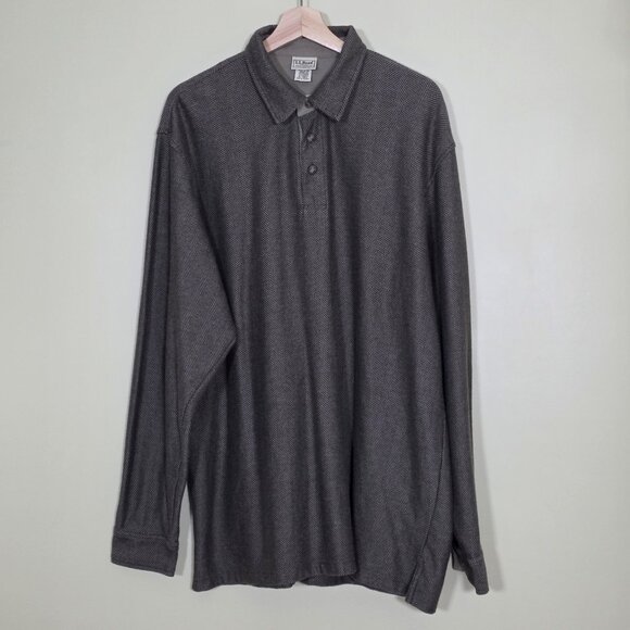 Vtg L.L. Bean Polo Shirt Men XL Tall Beige Herringbone LS Buttons Collar Cottage - Picture 3 of 16